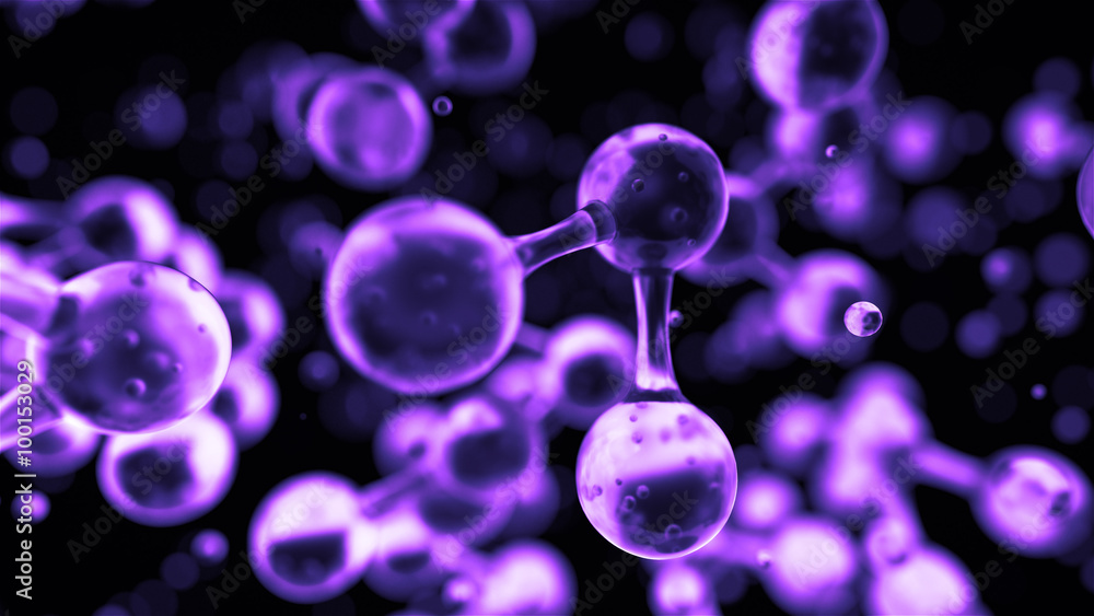 Poster abstract glass molecule sctructure, macro shot 3d render with depth of field