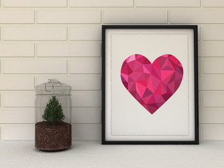 Love and st. valentine's day concept. Triangular heart shape poster in frame. Scandinavian style home interior decoration.