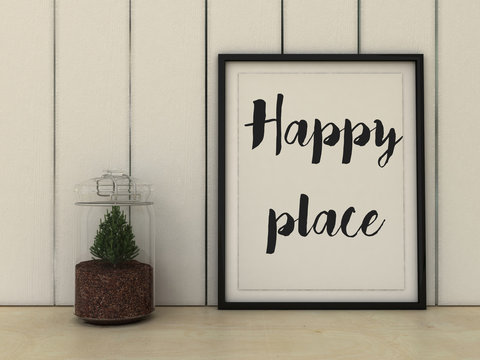 Home, family  and happiness concept. Happy place poster in frame  Scandinavian style home interior decoration.