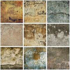 Collection of nine images with vintage grunge texture of old weathered dirty wall