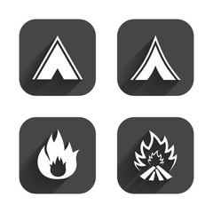 Tourist camping tent signs. Fire flame icons.