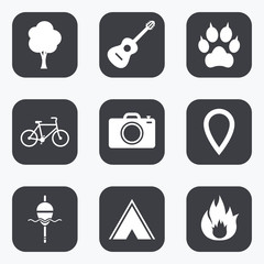 Tourism, camping icons. Fishing, fire and bike.