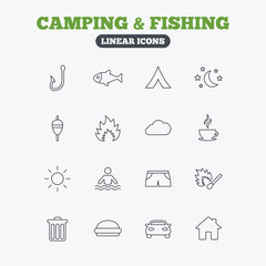 Camping and fishing icon. Coffee cup, hamburger.