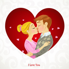 Young couple kissing on Valentine card