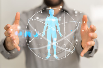 medi  - Medicine doctor and stethoscope in hand touching icon medical network connection with...