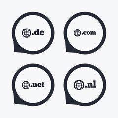 Top-level domains signs. De, Com, Net and Nl.