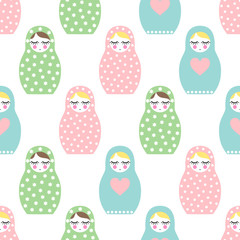 Nested doll seamless pattern. Cute wooden Russian doll - Matrioshka. Pastel colors nested doll Matrioshka illustration on white background.