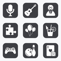 Game, bowling and puzzle icons. Entertainment.