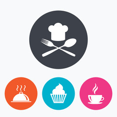 Food icons. Muffin cupcake symbol. Fork, spoon.