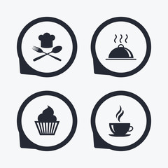Food icons. Muffin cupcake symbol. Fork, spoon.