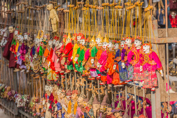 Fototapeta premium Traditional handicraft puppets are sold in a shop in Bagan, Myan