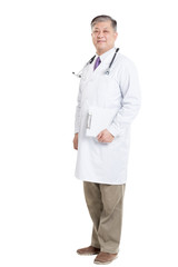 old asian man doctor in white with stethoscope and clipboard