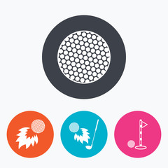 Golf ball icons. Fireball with club symbol.