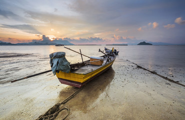 Fisherman boats at Black Sand Beach Village in Langkawi Island, Malaysia.