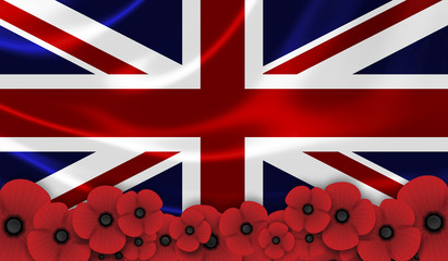 Remembrance Day poppy with united kingdom flag background