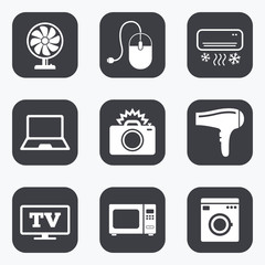 Home appliances, device icons. Electronics sign.