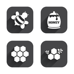 Honey icon. Honeycomb cells with bees symbol.