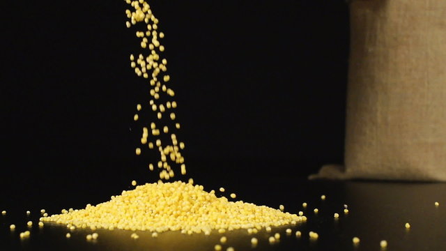 SLOW (240fps): A millet fall in a pile on a table. A cloth bag stands on a background
