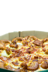 tasty pizza in the box isolated on white background