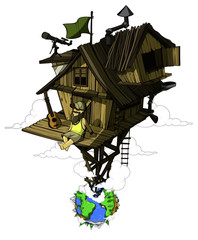 Pleased man sits in his secluded house. High above the ground. Colored