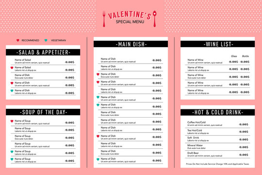 Valentine's day Menu design template layout Restaurant Cafe