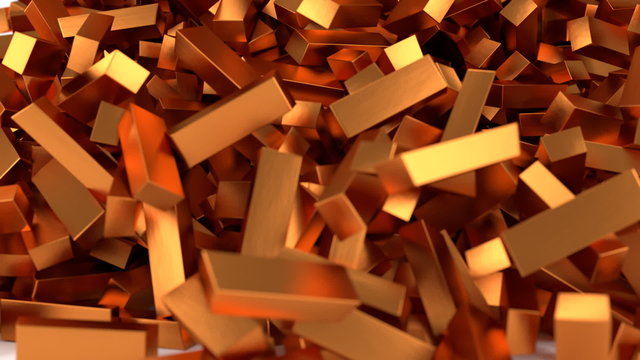 This is animation of realistic bars of copper falling and bouncing against white background.