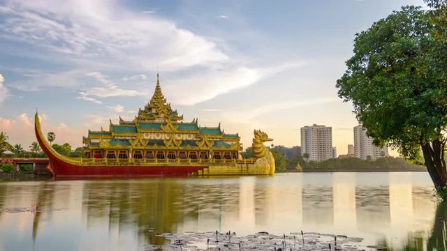 Yangon, Myanmar at Karaweik Palace in Kandawgyi Royal Lake.