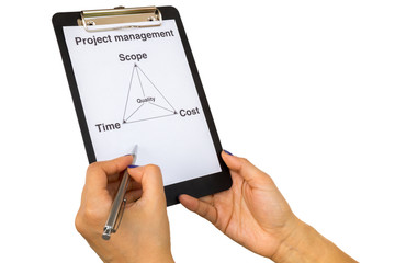 Project management triangle with pen