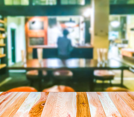 scene of wooden table top with abstract blurred background in open restuarant.  -blurred.