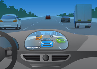 car cockpit and rear view camera image, mirror lesscar, vector illustration