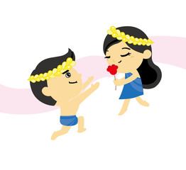 Fall in love / A boy gives a flower to a girl.