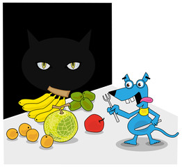 Some dangers are behind the happiness. / A mice ready to eat, and a cats hiding in the dark.