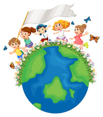 Naklejka premium Children running around the earth with flag