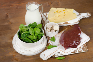 Food sources of vitamin B2 on wooden board.