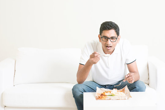 Lonely Single Man Eating Food Alone