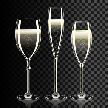 Set of transparent champagne glasses with sparkles