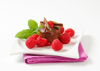 Mini chocolate cake with fresh raspberries