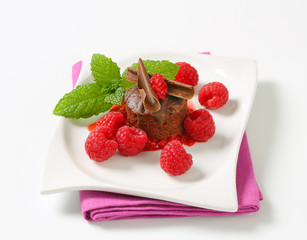Mini chocolate cake with fresh raspberries