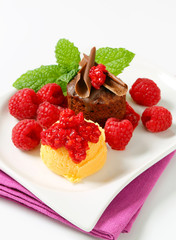 Mini chocolate cake with fresh raspberries and ice cream