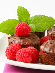 Mini chocolate cakes with fresh raspberries