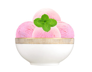 Scoop of fruit ice cream and mint herb in plate isolated on whit