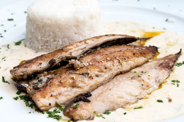 grilled salmon and rice-french cuisine dish with tomato and salm