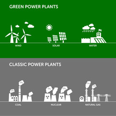 Set of green and classic power plant illustrations. Sustainable development concept and ecology theme.