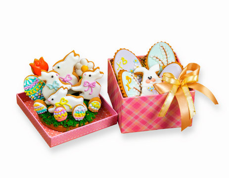 Easter cookies white bunny and colored eggs in a gift boxes