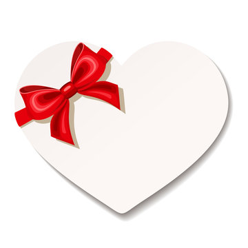 Vector Valentines white heart card with red bow on a white background.
