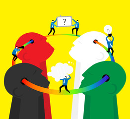 Teamwork : Think together / Five businessman transfer messages between four brains.