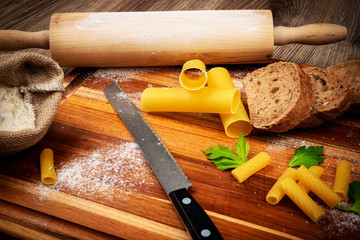 Bread baking set on wooden background