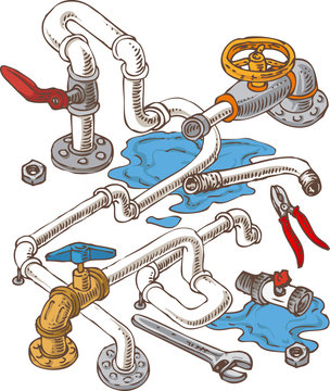 Sanitary Engineering Composition with Pipes and Wrenches
