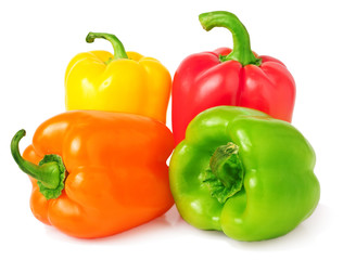 red, green, yellow and orange bell peppers isolated