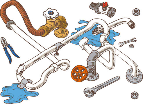 Sanitary Engineering Composition with Pipes, Pliers and Wrenches